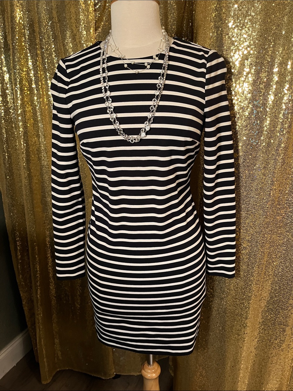 MICHAEL Michael Kors Navy Blue and White Striped Long-Sleeve Sheath Dress